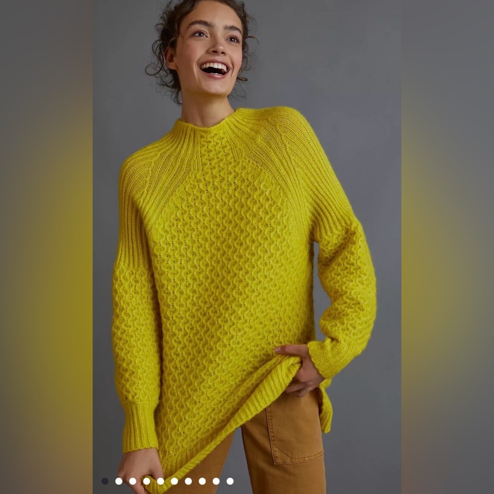 Anthropologie Bia Mock Neck Tunic Sweater in Neon Chartreuse Sz XS